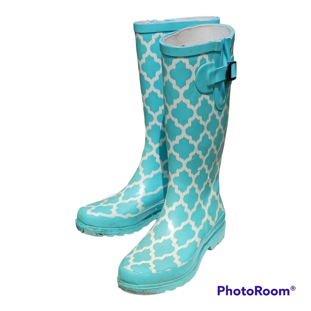 Chief Teal Blue Damask Print Rain Boots